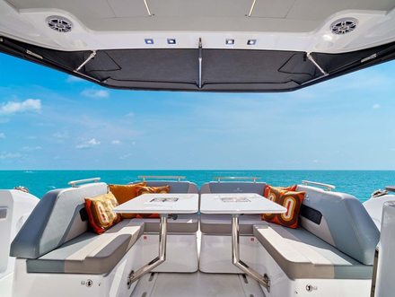 Le pont arrière est très convivial et vaste. Tout le tour du hard-top peut-être fermé par des toiles pour faire un carré intérieur.