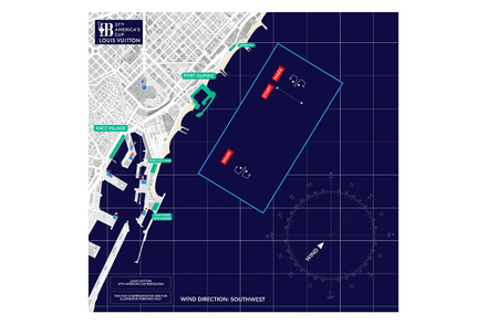 La zone des regates : il faut soit embarquer sur un bateau autorise a approcher, soit enregistrer votre propre bateau pour avoir le droit d'approcher et de voir debouler les AC75 a pres de 100km/h... La zone des regates : il faut soit embarquer sur un bateau autorise a approcher, soit enregistrer votre propre bateau pour avoir le droit d'approcher et de voir debouler les AC75 a pres de 100km/h...