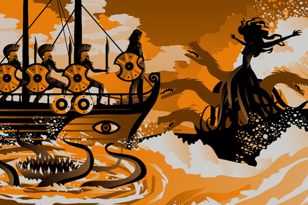 Representation de Scylla (a droite) et Charybde (en bas a gauche)