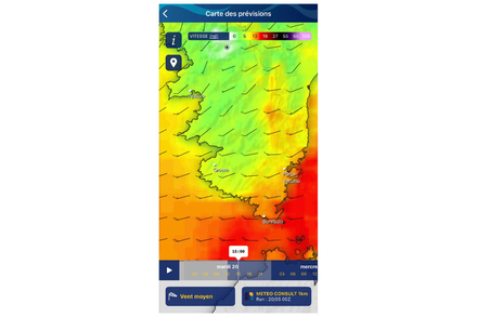 Illustration de l'acceleration des vents d'ouest envisages par le modele METEOCONSULT 1km via la carte interactive de l'application METEO CONSULT Marine Illustration de l'acceleration des vents d'ouest envisages par le modele METEOCONSULT 1km via la carte interactive de l'application METEO CONSULT Marine