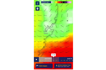 Illustration de la bascule brutale du vent de sud-ouest au nord au large de Porto-Veccio modelise par le scenario METEO CONSULT 1km, via l'application METEO CONSULT Marine Illustration de la bascule brutale du vent de sud-ouest au nord au large de Porto-Veccio modelise par le scenario METEO CONSULT 1km, via l'application METEO CONSULT Marine