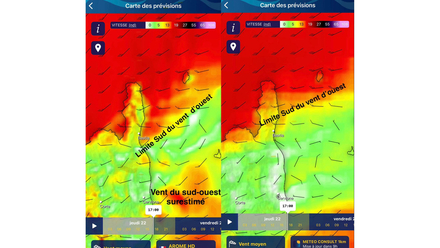 Comparatif des modeles AROME et METEOCONSULT via la carte interactive de l'application METEO CONSULT Marine