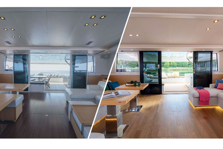 Avant/apres sur un catamaran Lagoon avec le programme Lagoon 620 NEO. 