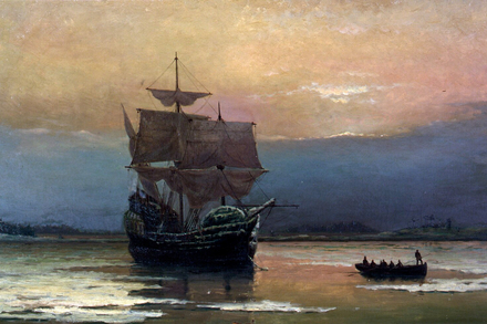 Le Mayflower dans le port de Plymouth peint par William Halsall 