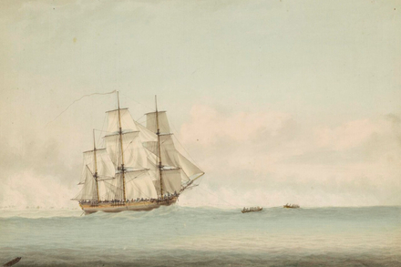 L'Endeavour naviguant le long de la cote de la Nouvelle-Hollande. Tableau de Samuel Atkins, vers 1794.