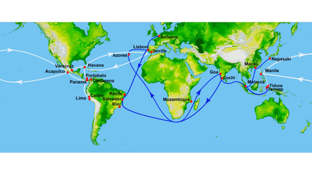 En blanc les routes commerciales espagnoles, en bleu les portugaises * En blanc les routes commerciales espagnoles, en bleu les portugaises *