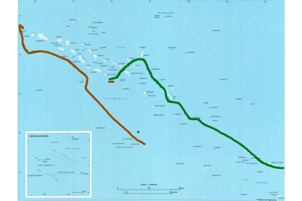 Les deux routes qu'aurait pu suivre Queiros dans les Tuamotu en vert par Hao, en rouge par Anaa selon l’édition R.Markam* Les deux routes qu'aurait pu suivre Queiros dans les Tuamotu en vert par Hao, en rouge par Anaa selon l’édition R.Markam*