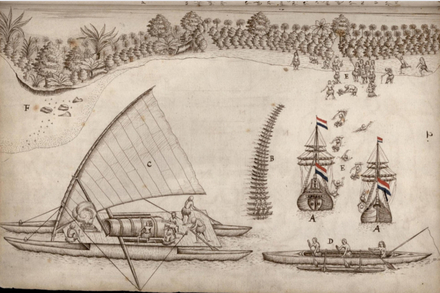 Tasman à Tongatapu, on remarquera la similitude du catamaran de voyage avec celle rencontrée par Schouten en 1616, et la foultitude des pirogues locales. (PMR) Tasman à Tongatapu, on remarquera la similitude du catamaran de voyage avec celle rencontrée par Schouten en 1616, et la foultitude des pirogues locales. (PMR)