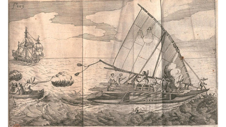 Les marins de l'Eendracht assaillent la pirogue de voyage le 9 mai 1616, remarquez le feu de cuisson à bord du catamaran. 