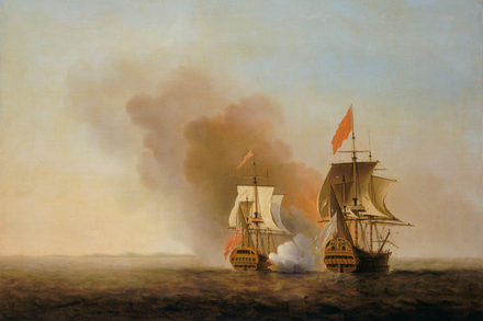 Le Centurion attaque, sous le vent le Galion Covadonga venu de Manille le 20 juin 1743. Par Samuel Scott. Public domain. identifiant Royal Museums Greenwich : 1852