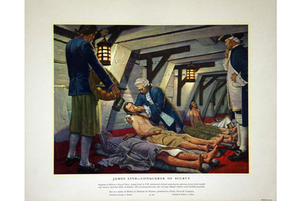 Le Docteur James Lind alimente avec du jus de citron un marin souffrant de scorbut lors de sa célèbre expérience de 1747. Public domain in : A history of medicine in picture, Parke Davis, 1959. U.S National Library of Medicine.