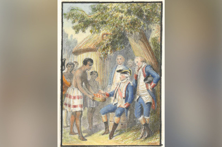 Tahitiens offrant des fruits à Bougainville 1768 ? Auteur inconnu