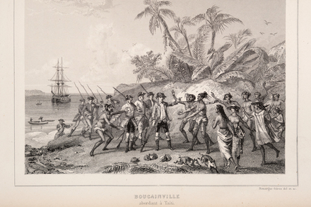 Bougainville abordant à Tahiti, gravure de Rouargues frères, 1846
