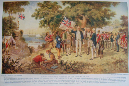 Le capitaine Cook hisse le drapeau de l'Union sur l'île de la Possession, le 22 août 1770