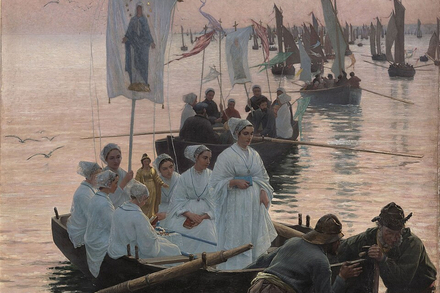 Alfred Guillou, Arrivée du pardon de sainte Anne de Fouesnant à Concarneau, 1887.