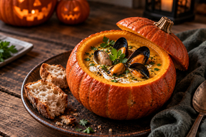 Velouté de potimarron aux moules : la soupe d’Halloween servie dans une citrouille