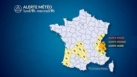 Intempéries du Sud-ouest au Centre-Est jusqu'à mardi