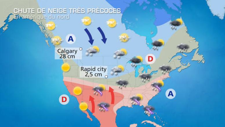 Orages et inondations aux USA, premières neiges au Canada 