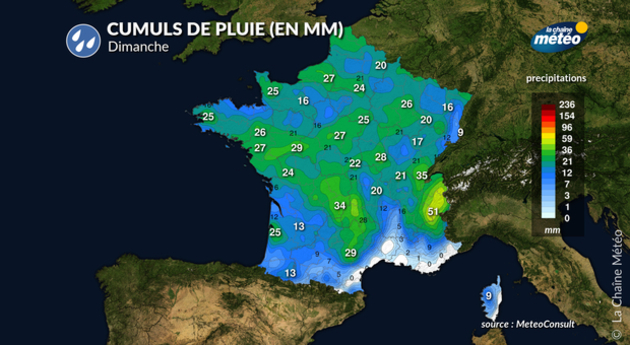 Cumuls de pluie (mm) de dimanche Actualités France