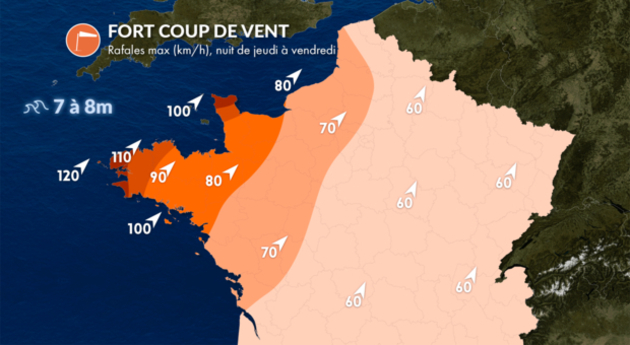 Rafales maximales (km/h) nuit de jeudi à vendredi Actualités France