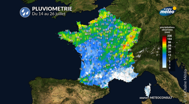 Cumuls précipitations du 14 juillet au 26 juillet 2023 Actualités France