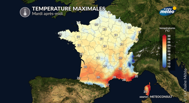 Températures maximales ce mardi Actualités France