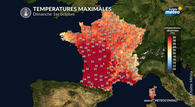 Températures maximales du dimanche 1er octobre Actualités France