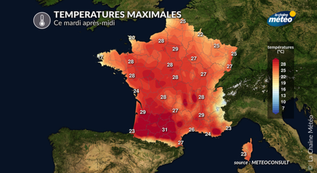 Températures maximales mardi après-midi Actualités France