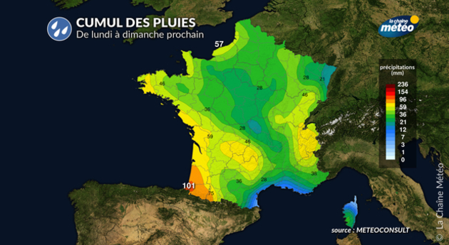 Cumuls de pluie prévus de lundi à dimanche prochain Actualités France