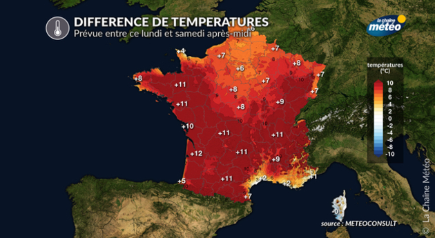 Différence de températures prévue entre ce lundi et samedi Actualités France