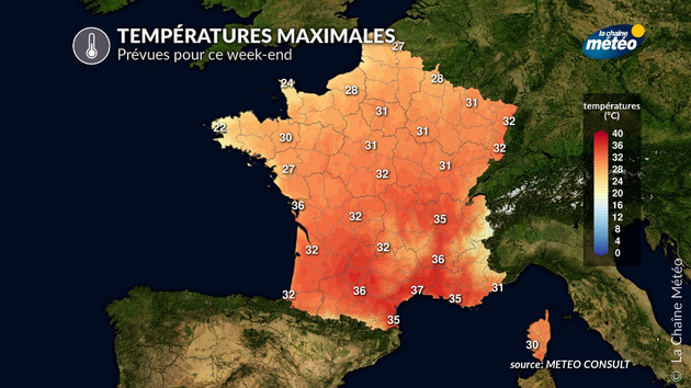 Températures maximales envisagées, en moyenne, sur notre pays ce week-end Actualités France
