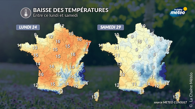 Températures prévues samedi après-midi par rapport à celles de ce lundi Actualités France