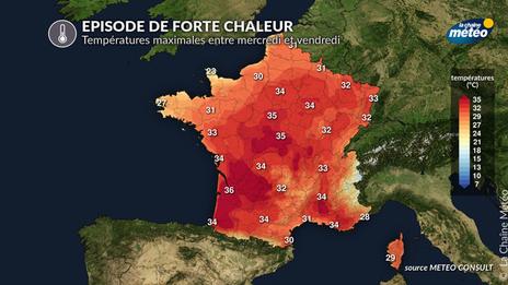 Épisode de forte chaleur de mercredi à vendredi, jusqu'à 37°C dans le sud-ouest