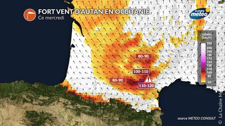 Episode de fort vent d'autan de mardi à mercredi : jusqu'à 120 km/heure dans le Tarn
