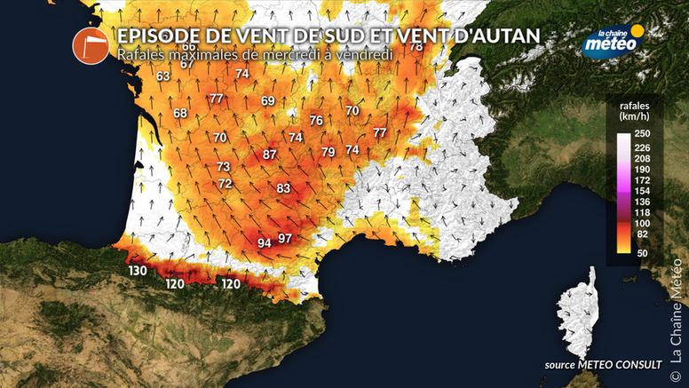 Episode durable de vent de sud et vent d'autan de mercredi à vendredi