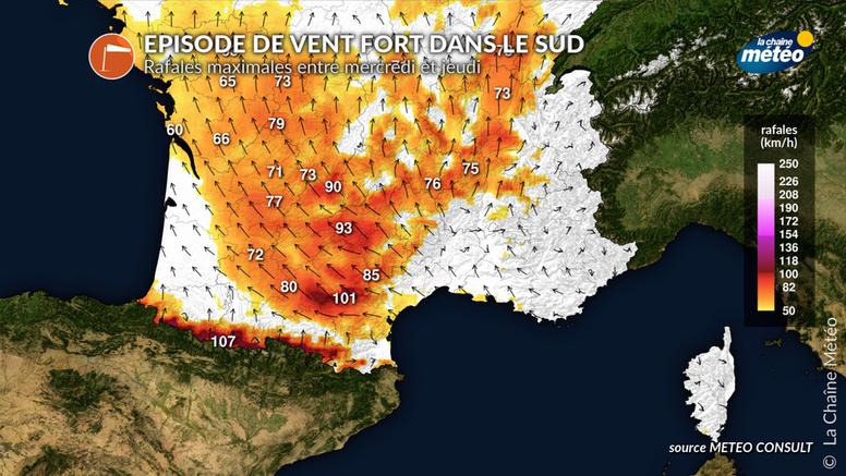 Épisode durable de vent de sud et vent d'autan jusqu'à vendredi