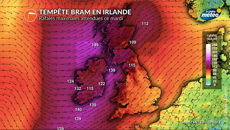Tempête Bram : les côtes irlandaises en alerte rouge, jusqu'à 130 km/h