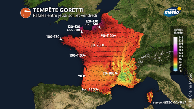 Rafales maximales prévues lors du passage de la tempête Goretti Actualités France