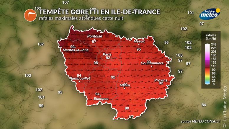 Tempête Goretti : jusqu'à 90 à 110 km/h à Paris et en Île-de-France cette nuit et demain matin