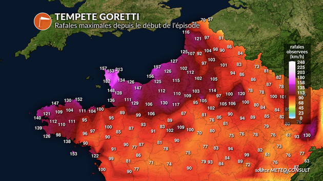 Rafales les plus fortes de cette tempête Goretti, déjà historique Actualités France