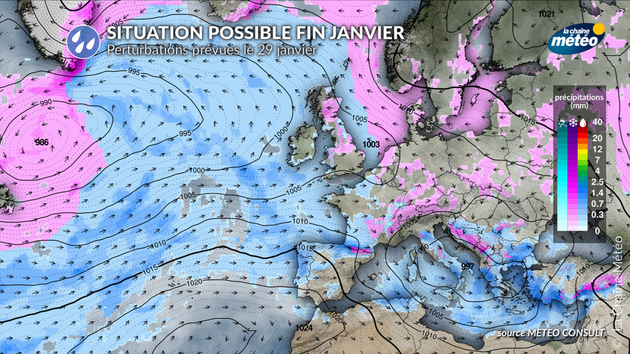 Fin janvier, un risque de pluie et neige (en rose) se dessine sur notre pays au contact des masses d Actualités France