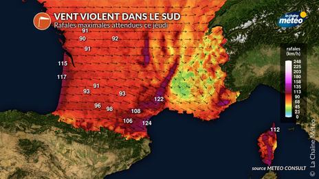 Fort coup de vent en milieu de semaine : plus de 120 km/h prévus dans le sud