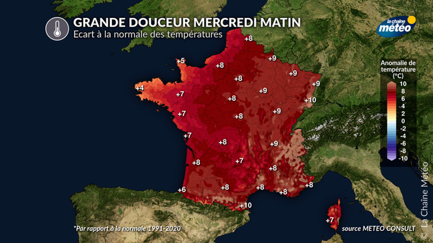 Ecart à la normale des températures pour mercredi matin Actualités France