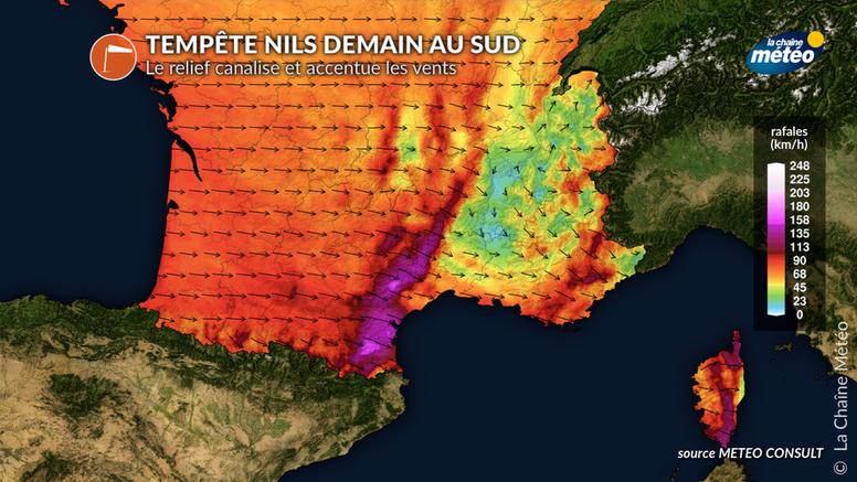 Tempête Nils au sud jeudi : un vent renforcé par le relief