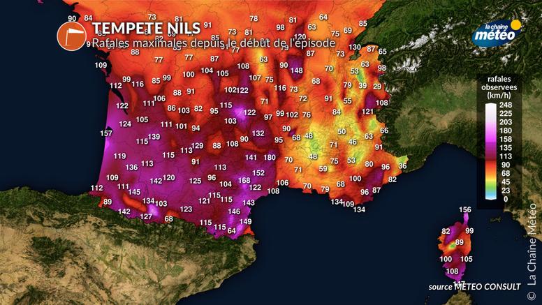 Tempête Nils du 12 février 2026 : jusqu'à 185 km/h à Cagnano (2B), 180 km/h à Caixas (66)