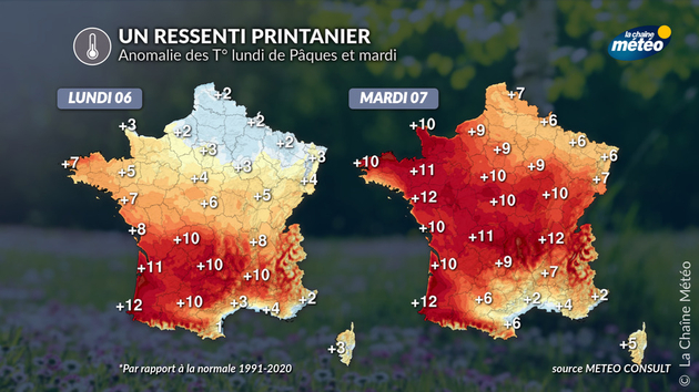 Ecart à la normale des températures lundi et mardi Actualités France