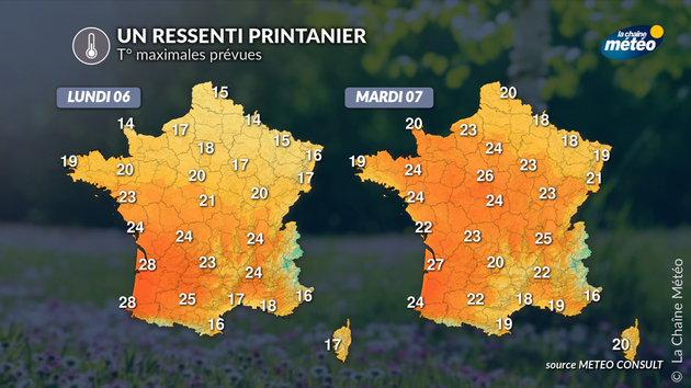 Températures maximales prévues lundi et mardi Actualités France