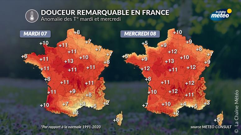 Douceur remarquable en France : jusqu’à +12°C au-dessus des normales mardi et mercredi