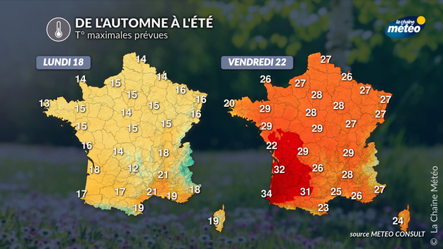 T° maximales attendues lundi et vendredi Actualités France