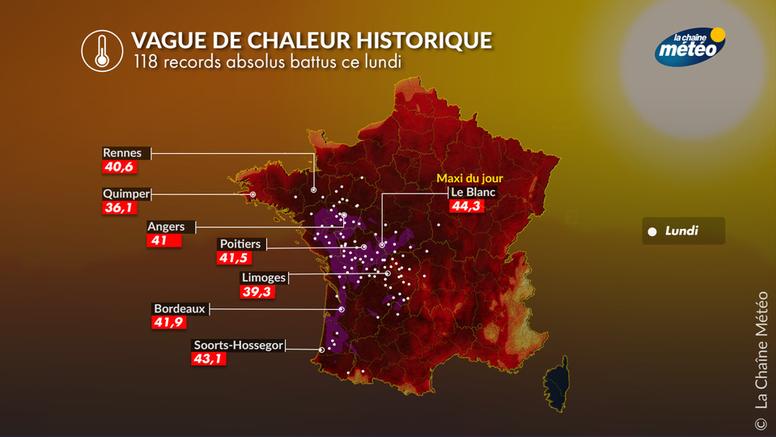 Canicule historique ce lundi 22 juin : jusqu'à 44°C à l'ombre dans l'Indre et des centaines de records battus